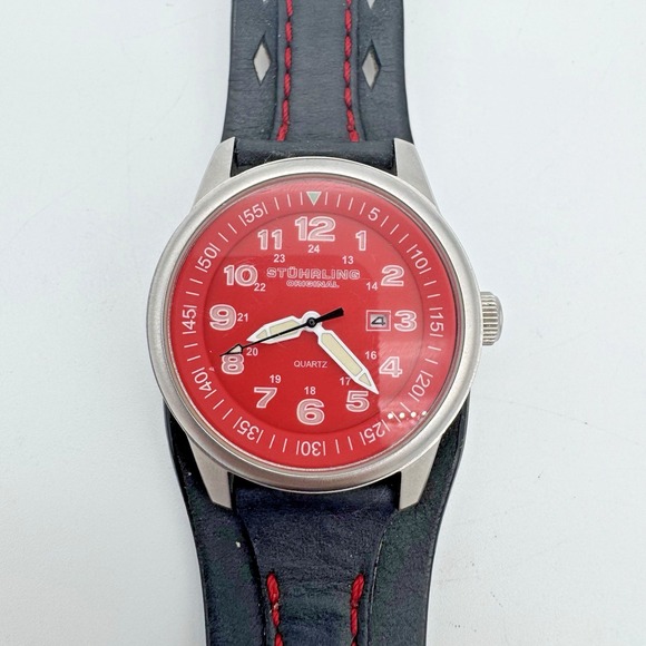 Stuhrling Original Mens Watch Quartz Red Face Black Leather Band -NEEDS BATTERY - Picture 1 of 9